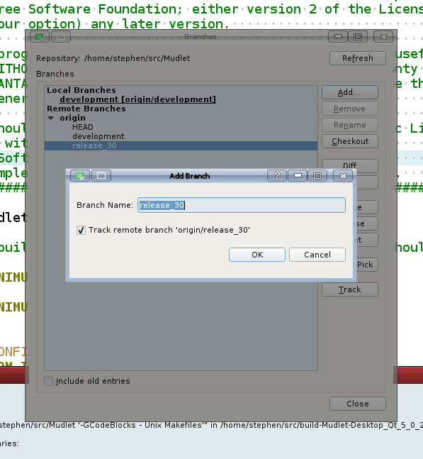 ... select the remote release_30 branch then click &quot;add&quot; to make a local copy of THAT branch...