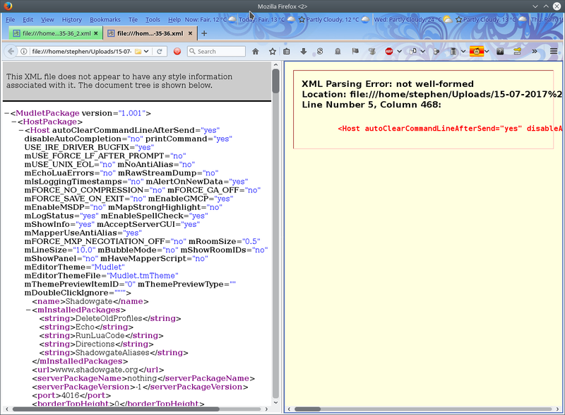 Two webpages shown side-by-side showing difference in FireFox for a valid and damaged Mudlet profile saved .dat file
