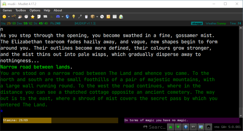 A screenshot of MUDKIP_Mud2 in action. Behold the Kool Informational Panels, providing a view of your persona's stats and such at a glance!